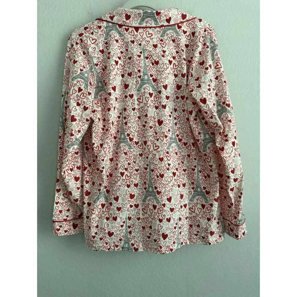 BedHead Women's Long Sleeve Button Down Pajama Top Heart Eiffel Notch Size M NEW